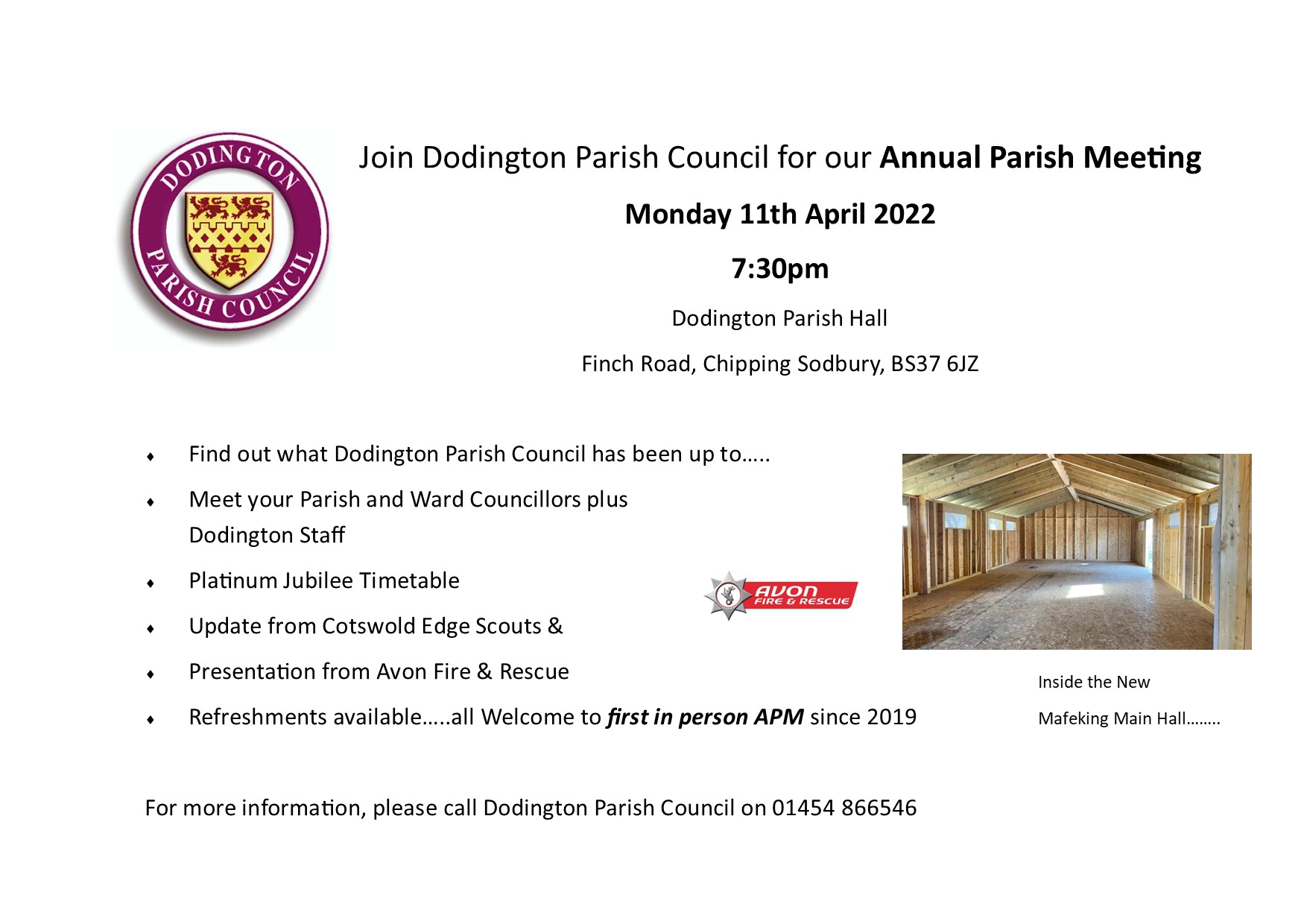 Poster with details of upcoming Annual Parish Meeting on 11 April 2022 please call office on 01454 866546 for details