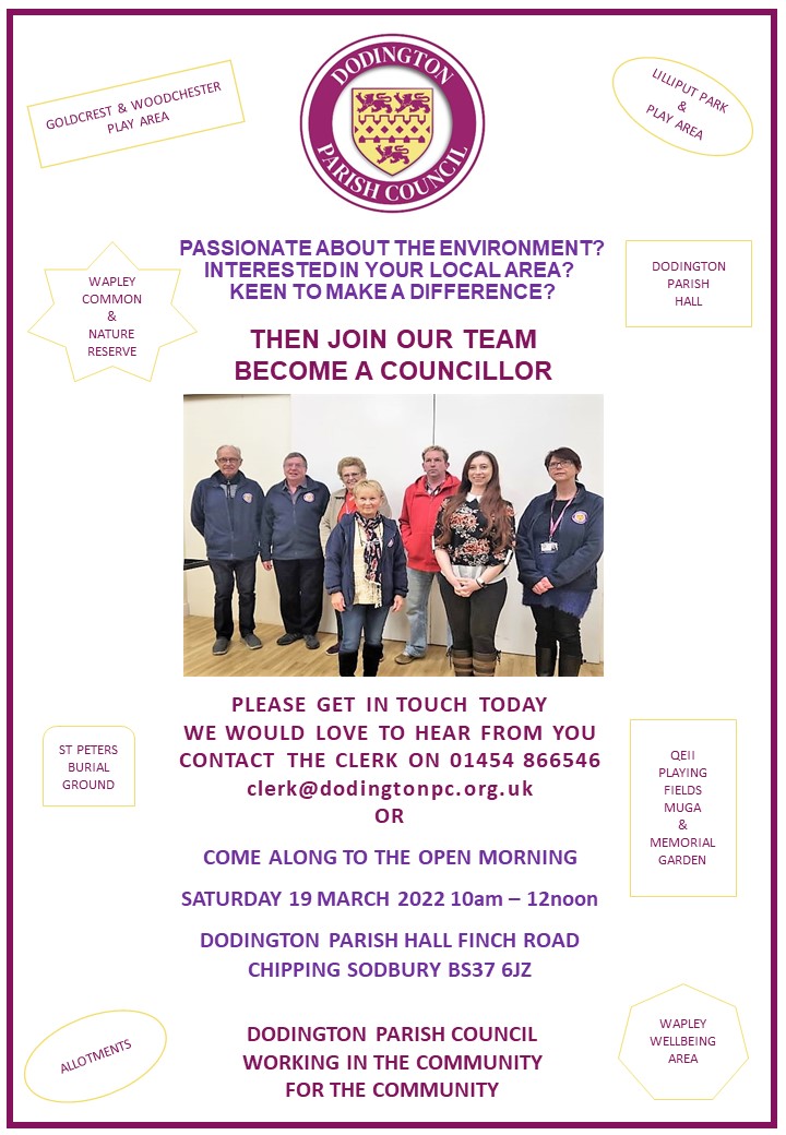 Image shows several people stood in front of white background and details of open event - please call 01454 866546 if you can't access the details