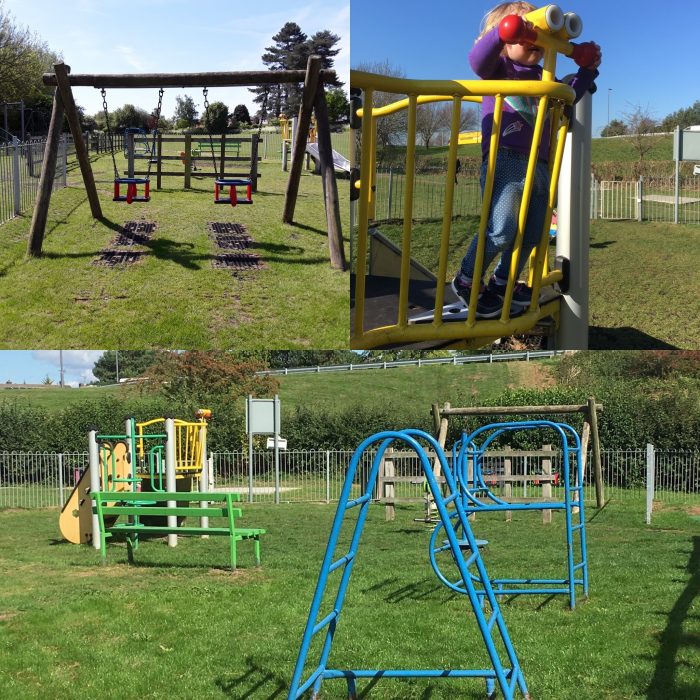 Image is a collage of three photos of Lilliput toddler play area. One photo shows a set of swings. Another shows a child playing on a multiplay. The other shows some climbing frames.
