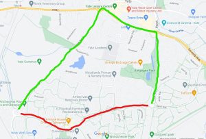 A map showing a diversion avoiding a road closure of Rodford Way - please call the office for details - 01454 866546