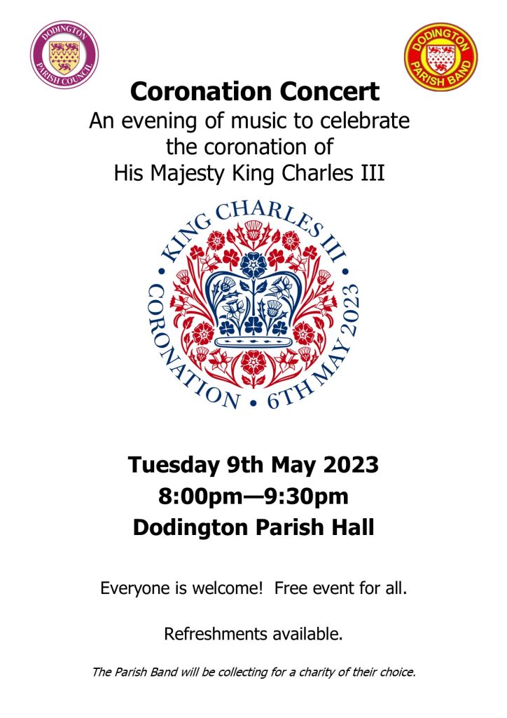 Kings Coronation Concert Poster 2023 event is on 9th May at 8:00pm at the Parish Hall and is free to attend, no booking required.  Call 01454 866546 if you would like more information.