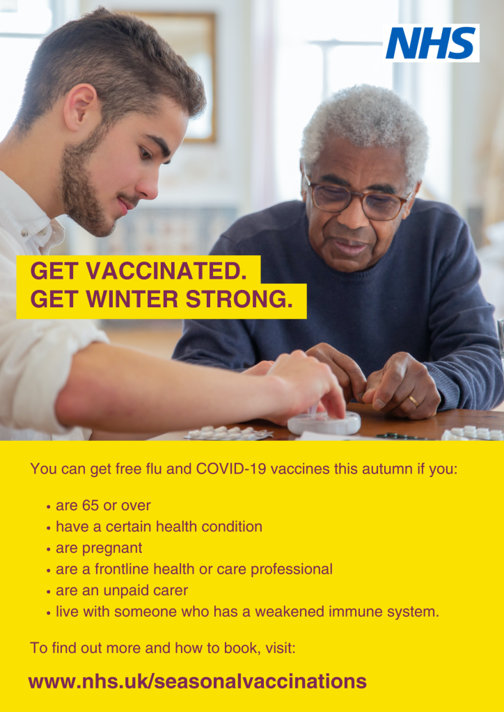 Flu vaccination poster -  Get Vaccinated, Get Winter Strong.  The details are within the text of the website post.