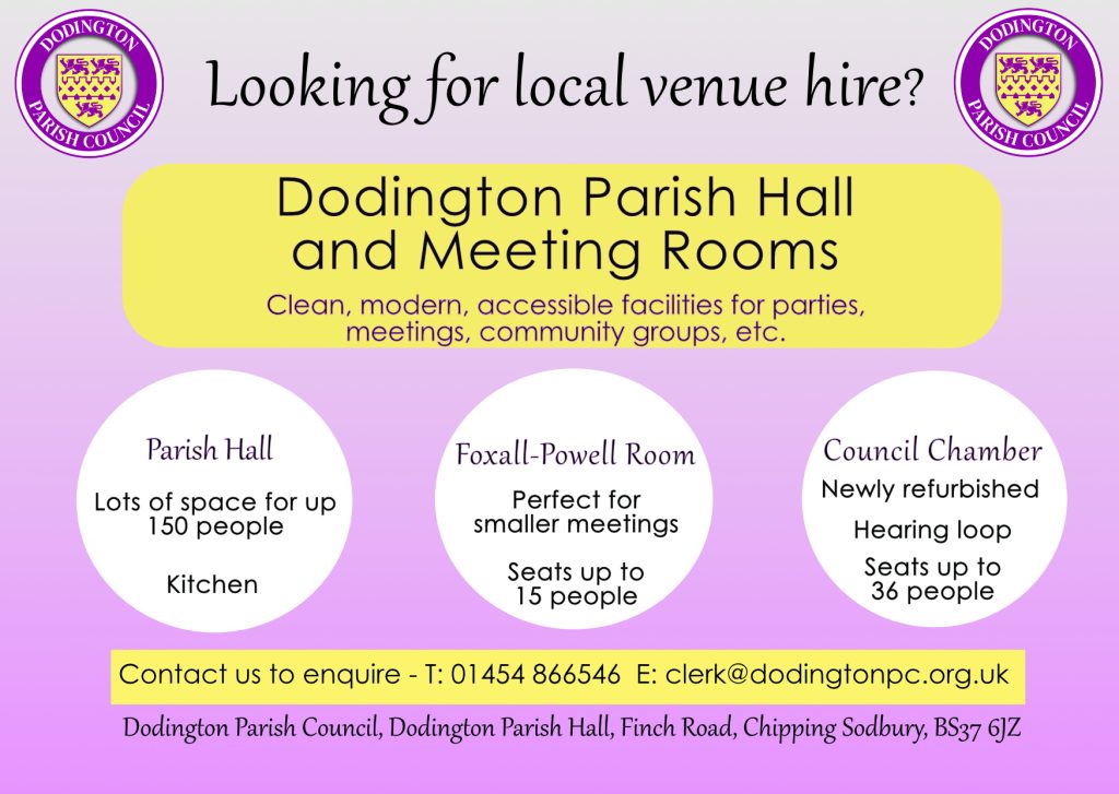 Image displays information about Dodington Parish Council Hall and Meeting Room Hire - call for details - 01454 866546