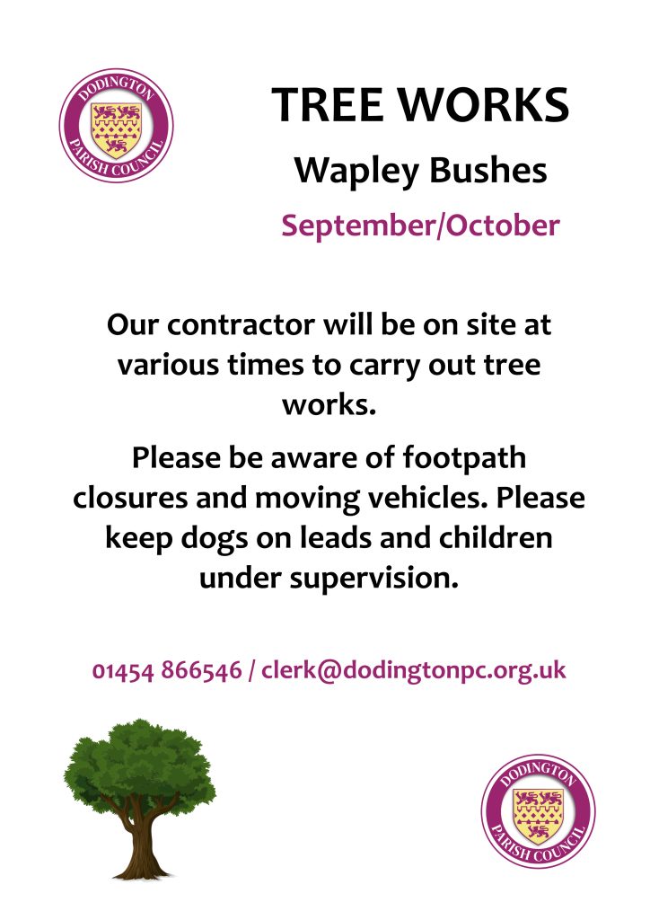 Image describes tree works at Wapley Bushes during September and October 2024 - please be aware of footpath closures, keep dogs on leads and children supervised. Call 01454 866546 for further details.