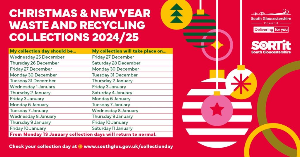 Table showing festive period recycling and waste collection dates - call the office for help accessing this table - phone 01454 866546