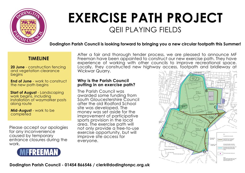 Image has text which explains that the Exercise Path Project at QEII Playing Fields is to start from 20 June. Please accept our apologies for any inconvenience caused by temporary entrance closures during the work. Call the Parish Council office regarding the works - 01454 866546 or email to clerk@dodingtonpc.org.uk