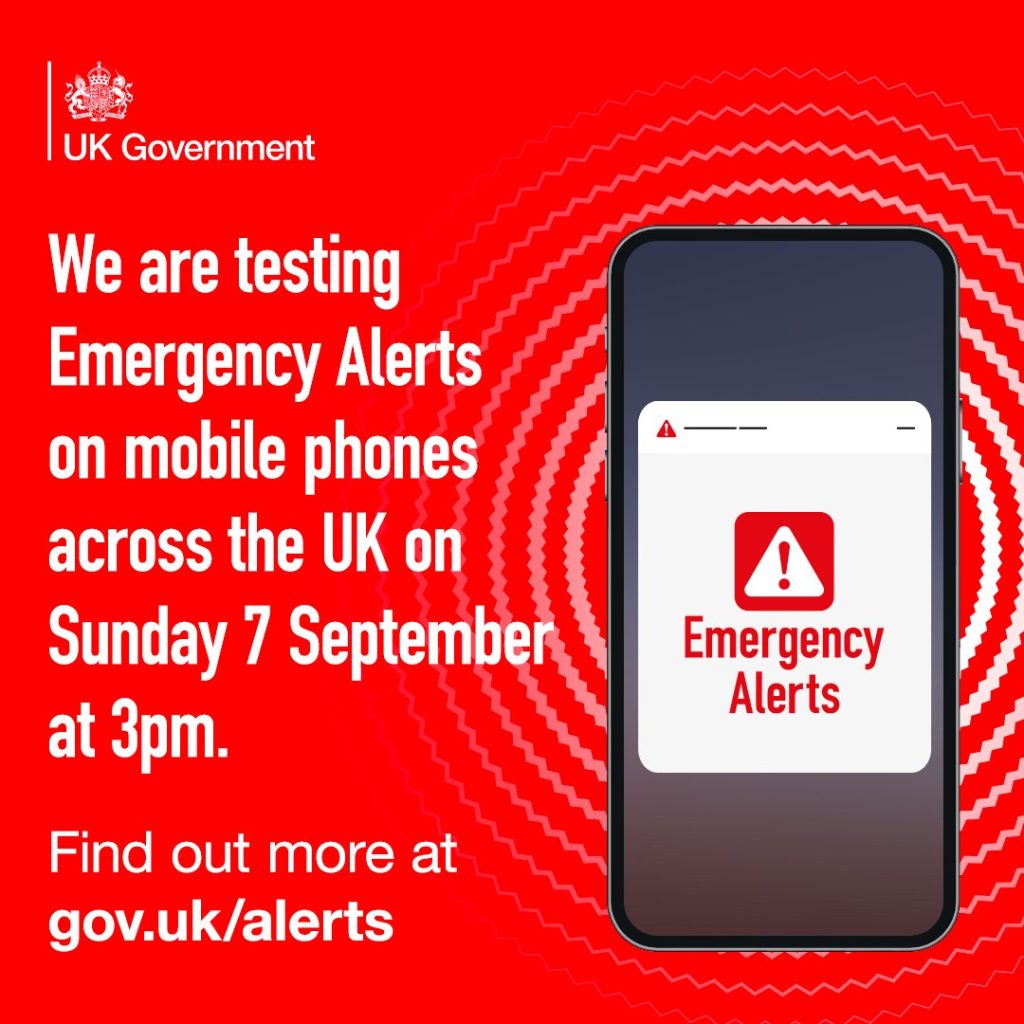 UK Government - we are testing Emergency Alerts on mobile phones across the UK on Sunday 7 September at 3pm. Find out more at gov.uk/alerts